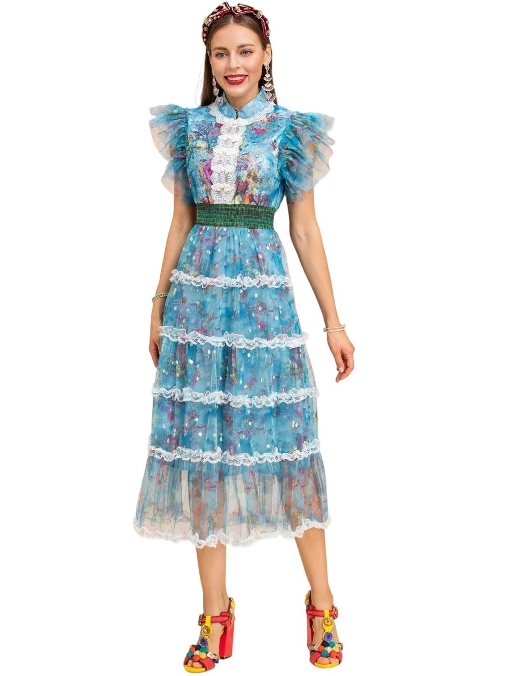 Butterfly Sleeve Lace Elastic Waist Floral Print Midi Dress - Image 4