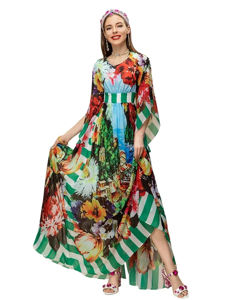 Runway Designer Vintage Dress Women's Flower Color Round Neck Belt Architecture Print Streak Pleating Dress
