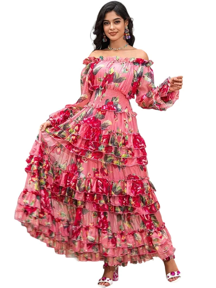 Women's Gorgeous Party Long Dress Summer Bohemia Flower Print Cascading Ruffle Elegant Vacation Maxi Dress