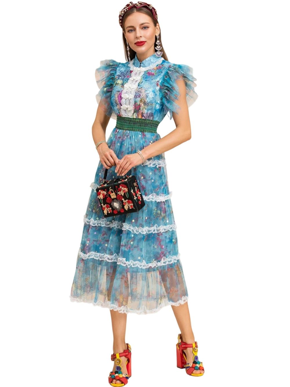 Butterfly Sleeve Lace Elastic Waist Floral Print Midi Dress - Image 5