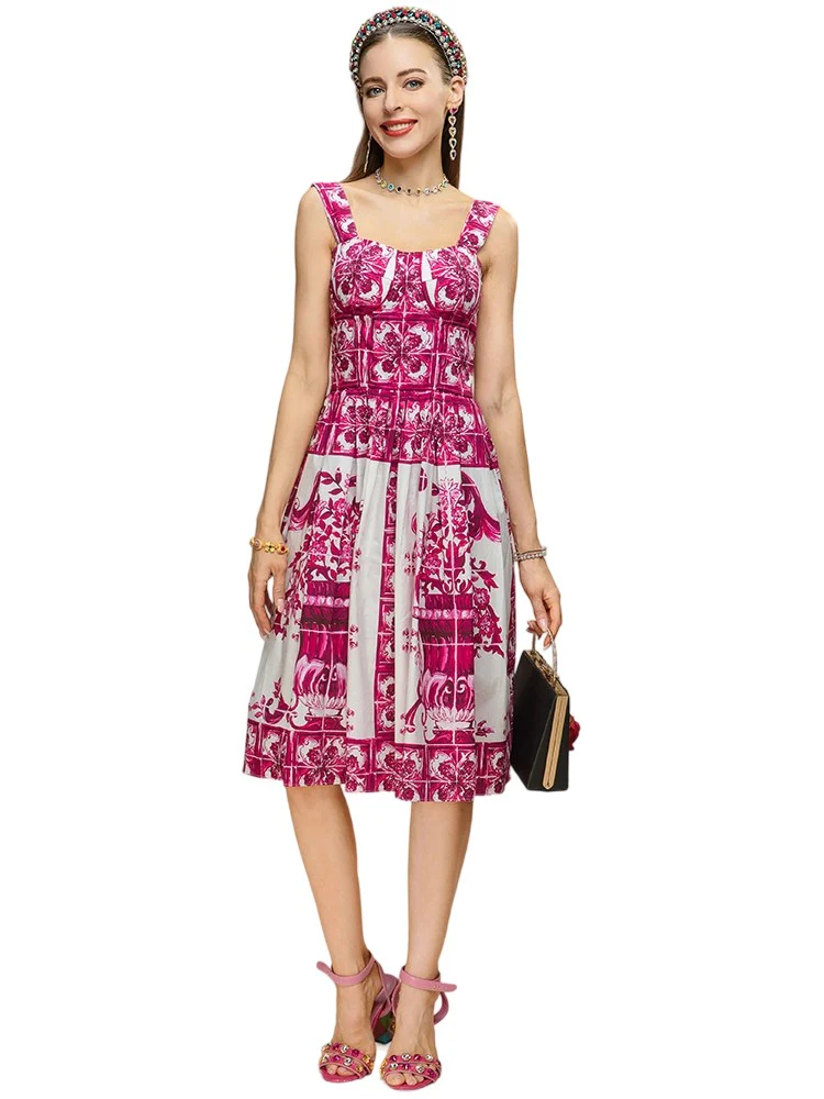 New Designer Summer Dress Women Spaghetti Strap Flower print Vacation Elegance Party Midi Dresses