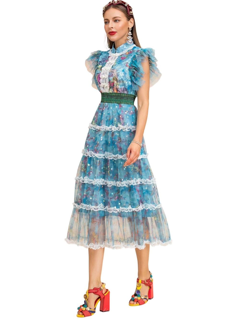 Butterfly Sleeve Lace Elastic Waist Floral Print Midi Dress - Image 6