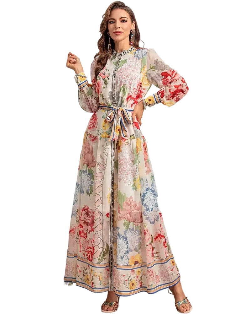 Autumn Luxury Dresses Women's Bohemian Floral Print Single Breasted Sashes Chiffon Temperament Dresse