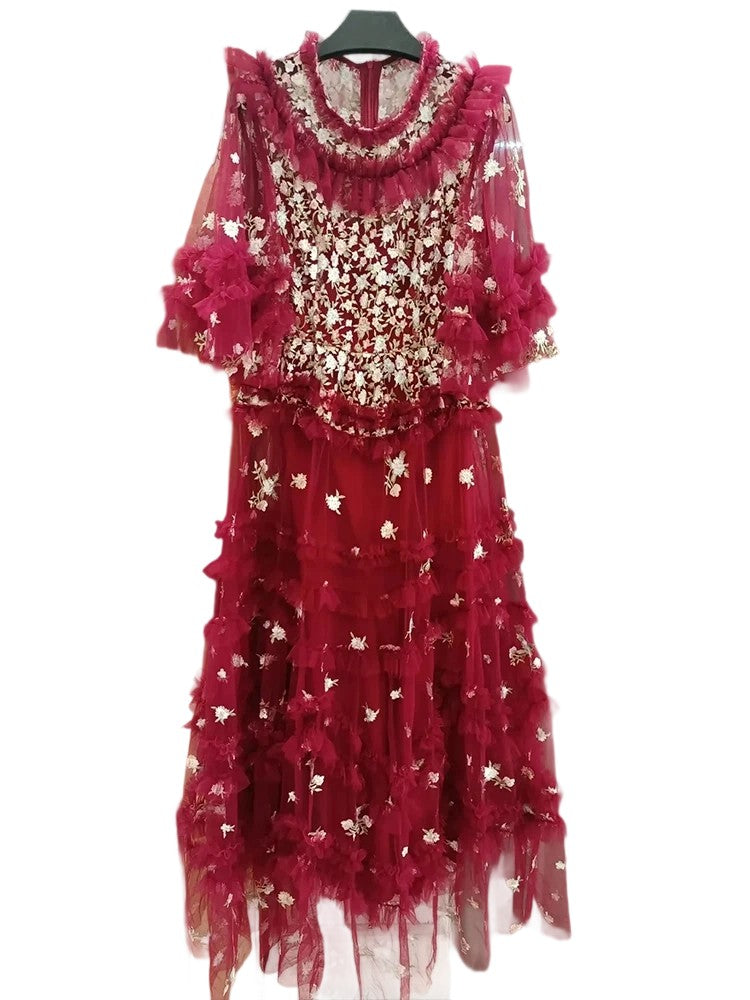 Summer luxury designer party Dresses Women's Flare Sleeve Embroidery Cascading Ruffle Irregularity Dress
